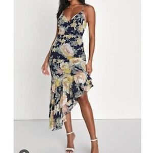 Lulus Navy Blue Floral‎ Asymmetrical Midi Dress Spaghetti Strap Ruffle Small